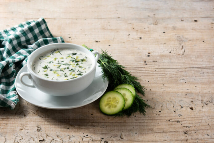 Bulgarian tarator sour milk soup in bowl